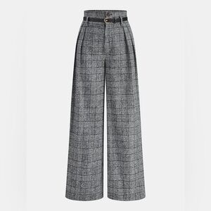 Commense Belted Plaid High-Waisted Pants